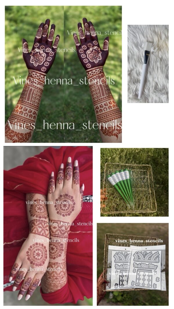 Full Bridal stencil combo with organic henna&brush, cover both hand front & back & legs
 (5 handcone,brush,B1,B3,v30)