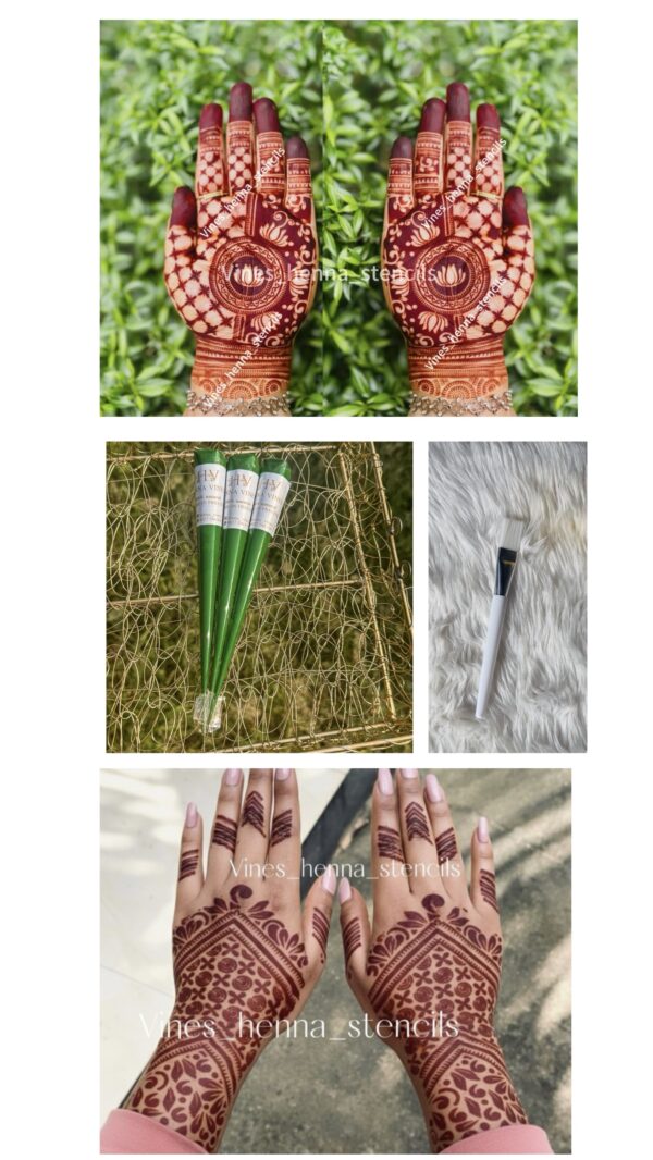 Semi Bridal stencil combo with organic henna&brush, cover both hand front & back
 (3 handcone,brush V26,V2)
