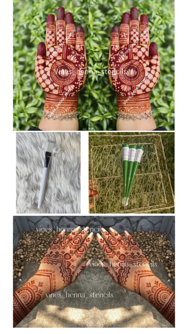 Semi Bridal stencil combo with organic henna&brush, cover both hand front & back
( 3 handcone,brush V26,V43set)