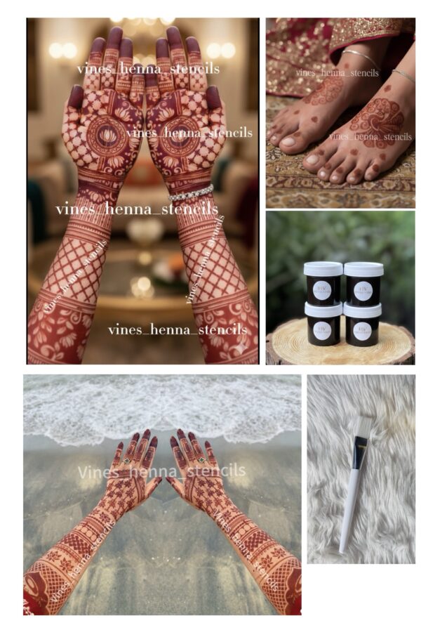 Full Bridal stencil combo with instant henna&brush, cover both hand front & back & legs
(4 instant Dip, brush,B13,B9,v59)