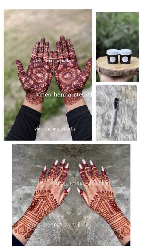 Semi Bridal stencil combo with instant henna&brush, cover both hand front & back
( 2 instant dip,brush V28,B5)