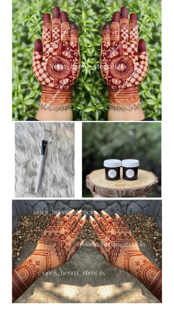 Semi Bridal stencil combo with instant henna&brush, cover both hand front & back
( 2 instant dip,brush V26,v43set)
