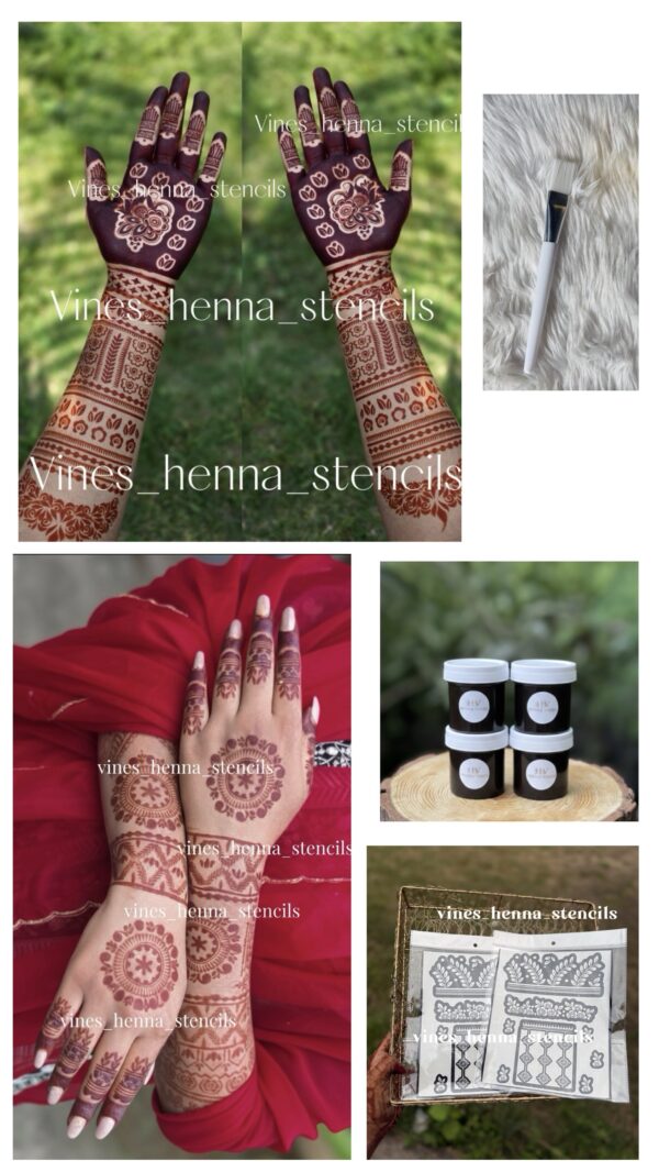 Full Bridal stencil combo with instant henna&brush, cover both hand front & back & legs
(4 instant Dip, brush,B1,B3,v30)