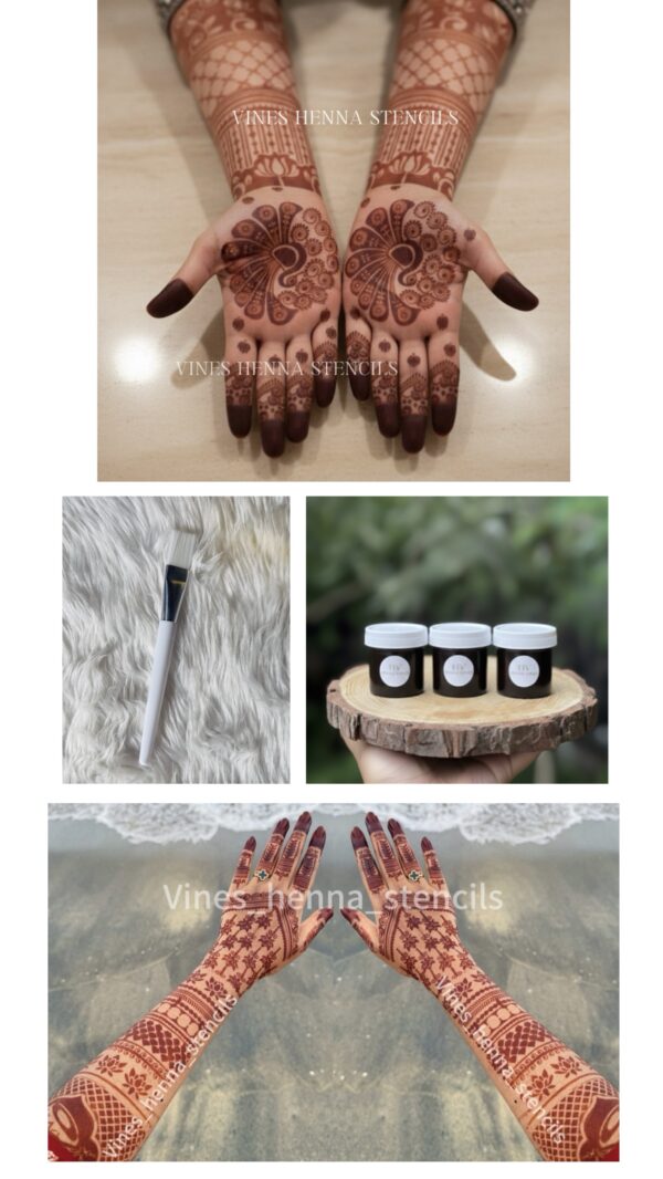 Full Bridal stencil combo with instant henna&brush, cover both hand front & back
 (3 instant dip,brush,B9, B22,)