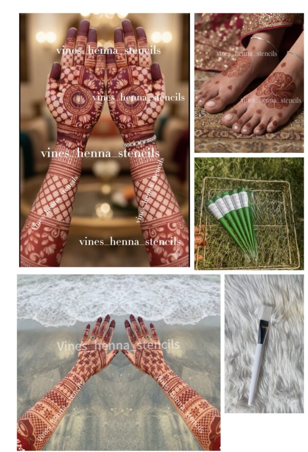 Full Bridal stencil combo with organic henna&brush, cover both hand front & back & legs
 (5 handcone,brush,B13,B9,V59)