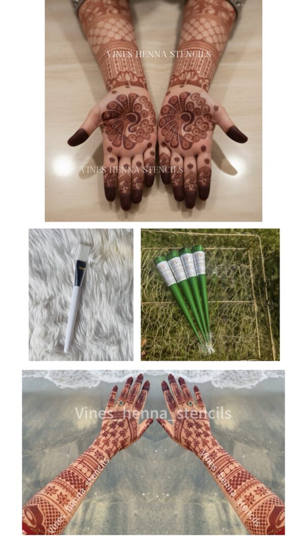 Full Bridal stencil combo with organic henna&brush, cover both hand front & back
 (4 handcone,brush,B9, B22,)