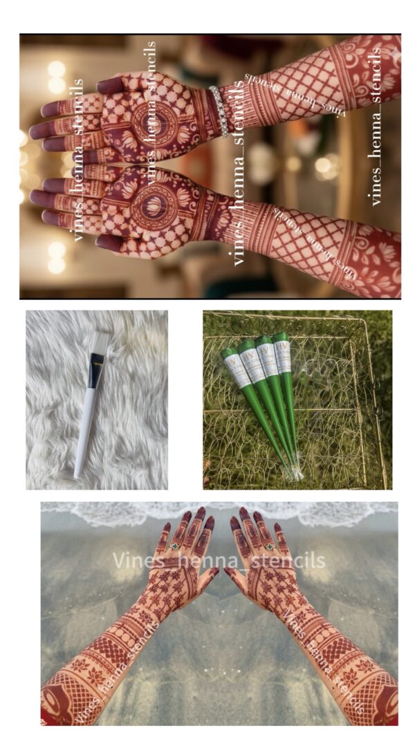 Full Bridal stencil combo with organic henna&brush, cover both hand front & back
 (4 handcone,brush,B9, B13,)