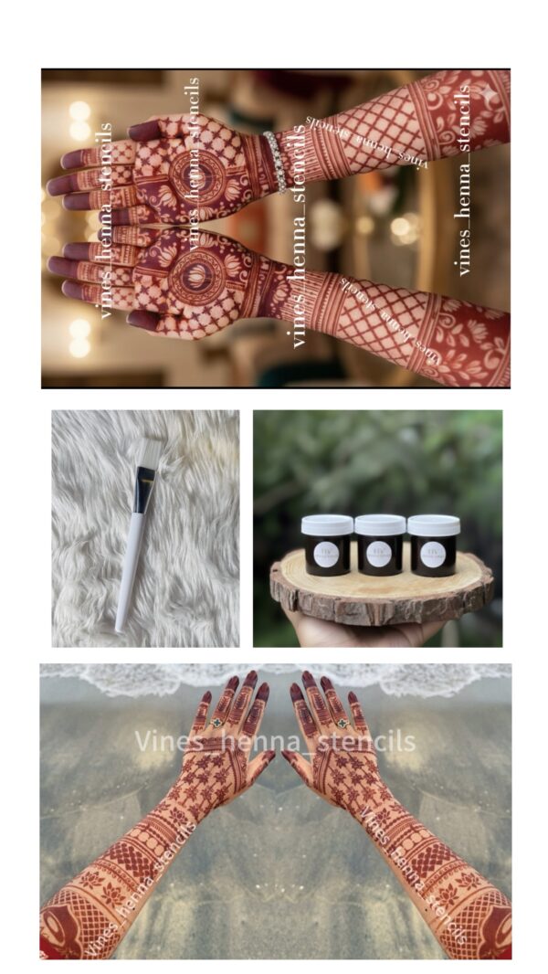 Full Bridal stencil combo with instant henna&brush, cover both hand front & back
 (3 instant dip,brush,B9, B13,)