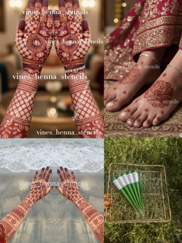 Full Bridal stencil combo with organic henna, cover both hand front & back & legs
 (5 handcone,B13,B9,V59)